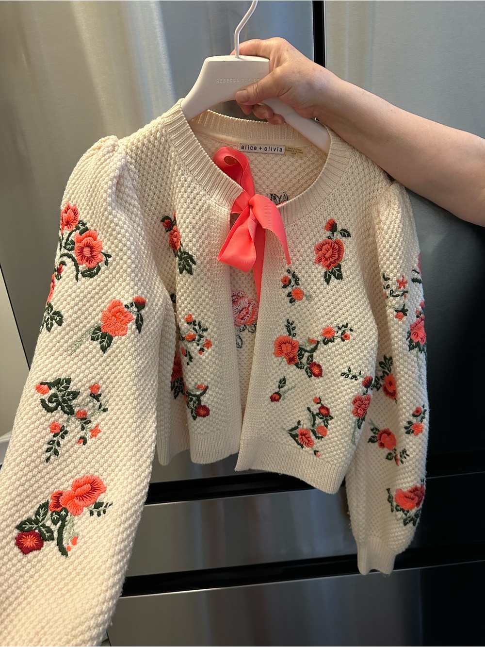 Alice + Olivia Cream Cardigan with Coral Floral Embroidery and Pink Bow